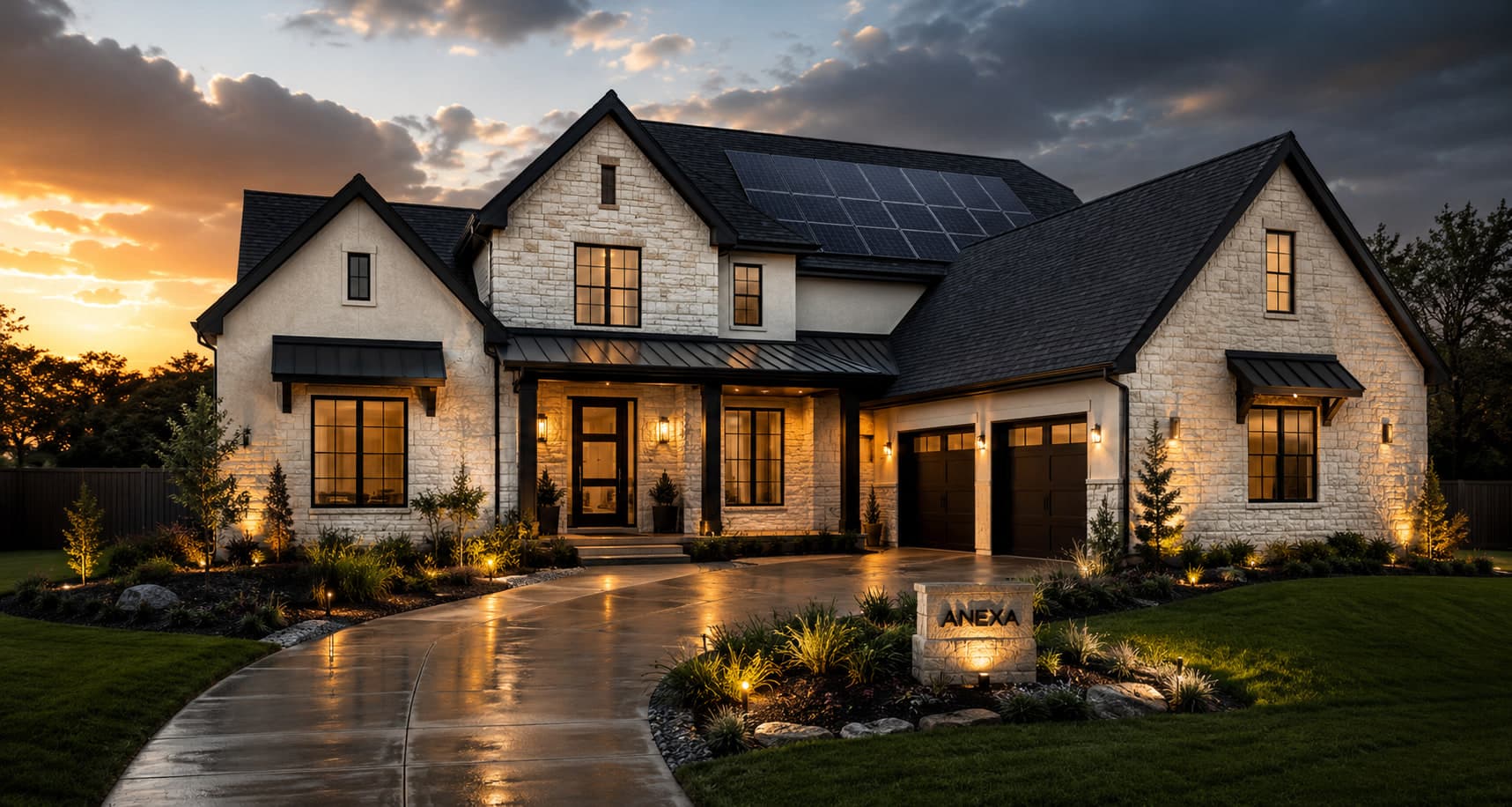 A premium stone home at dusk with rooftop solar, built and protected by Anexa Homes